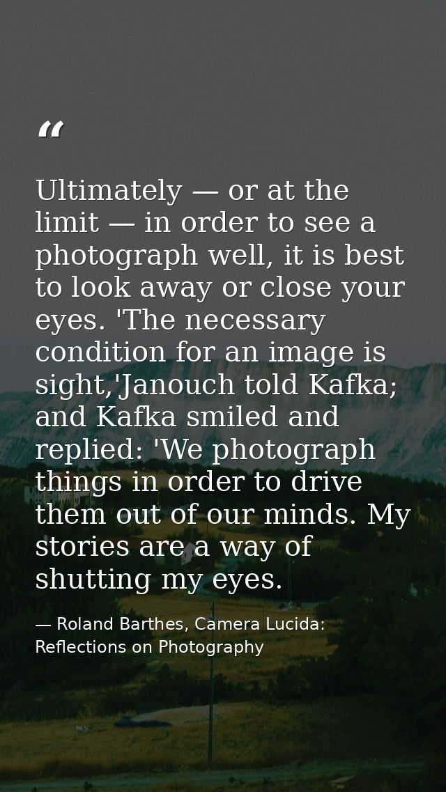 Ultimately — or at the limit — in order to see a photograph well, it is best to look away or close your eyes. 'The neces — Roland Barthes, Camera Lucida: Reflections on Photography