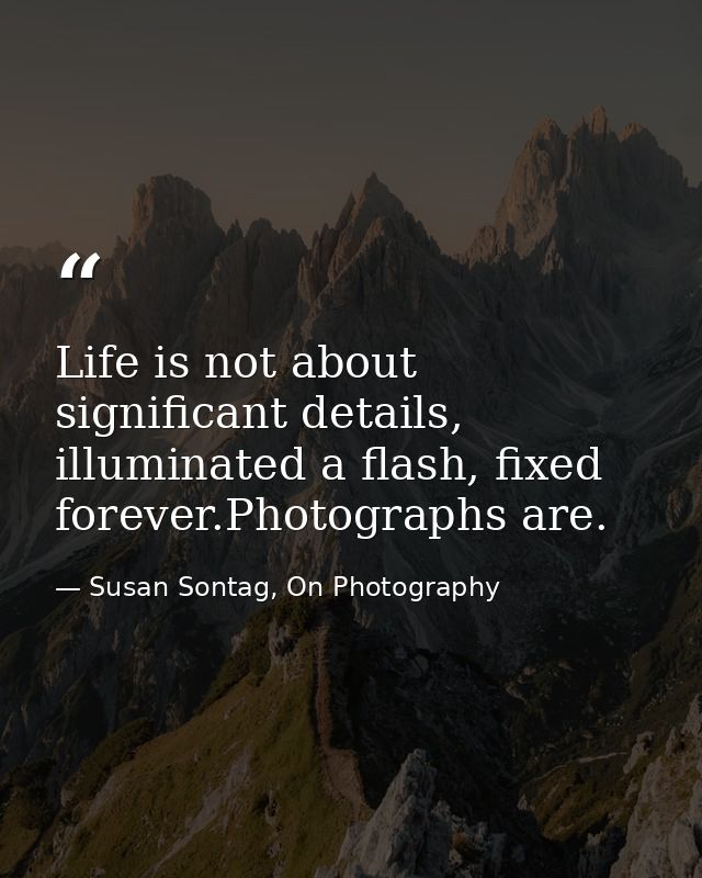 Life is not about significant details, illuminated a flash, fixed forever.Photographs are. — Susan Sontag, On Photography