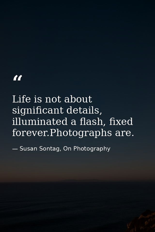 Life is not about significant details, illuminated a flash, fixed forever.Photographs are. — Susan Sontag, On Photography