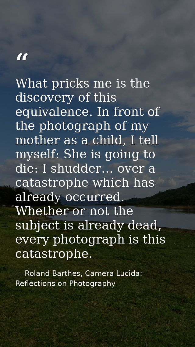 What pricks me is the discovery of this equivalence. In front of the photograph of my mother as a child, I tell myself:  — Roland Barthes, Camera Lucida: Reflections on Photography