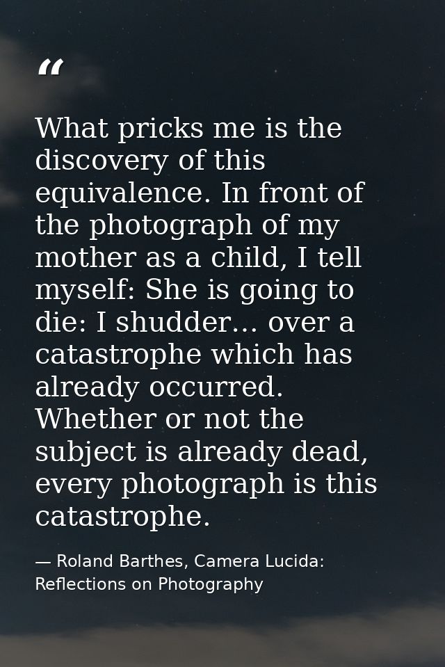 What pricks me is the discovery of this equivalence. In front of the photograph of my mother as a child, I tell myself:  — Roland Barthes, Camera Lucida: Reflections on Photography