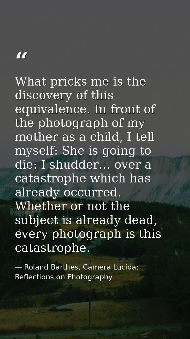 What pricks me is the discovery of this equivalence. In front of the photograph of my mother as a child, I tell myself:  — Roland Barthes, Camera Lucida: Reflections on Photography