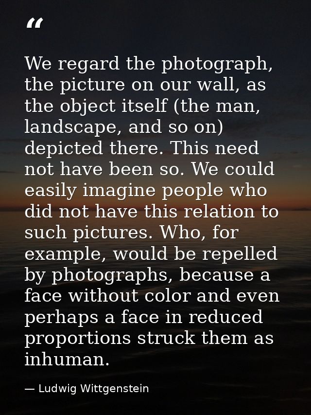 We regard the photograph, the picture on our wall, as the object itself (the man, landscape, and so on) depicted there.  — Ludwig Wittgenstein