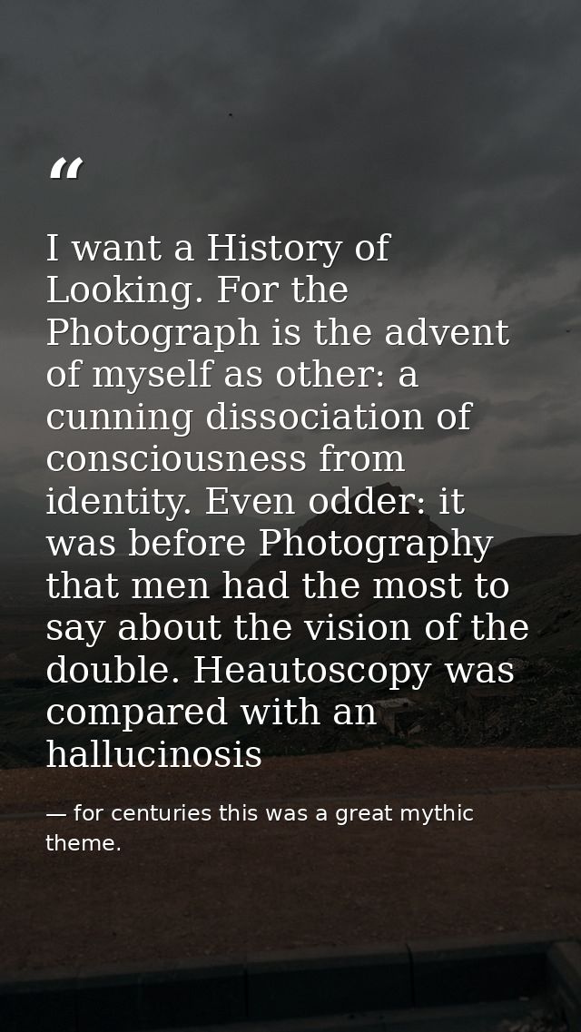 I want a History of Looking. For the Photograph is the advent of myself as other: a cunning dissociation of consciousnes — for centuries this was a great mythic theme.