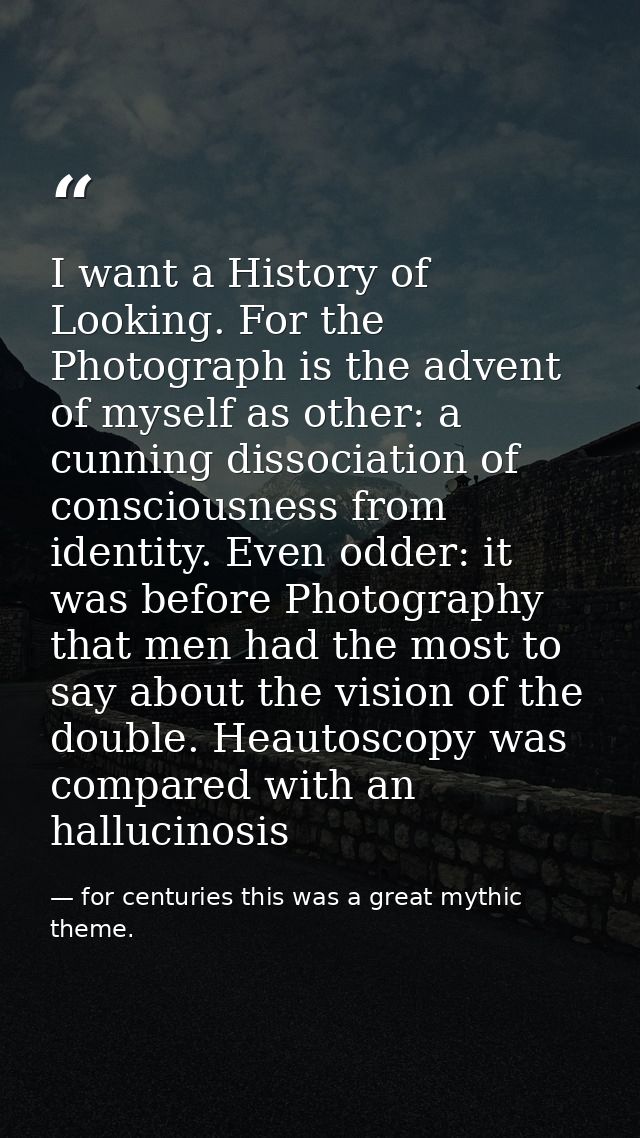 I want a History of Looking. For the Photograph is the advent of myself as other: a cunning dissociation of consciousnes — for centuries this was a great mythic theme.