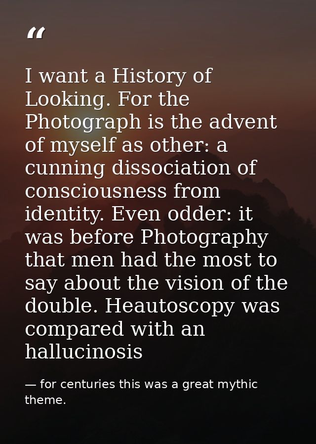 I want a History of Looking. For the Photograph is the advent of myself as other: a cunning dissociation of consciousnes — for centuries this was a great mythic theme.