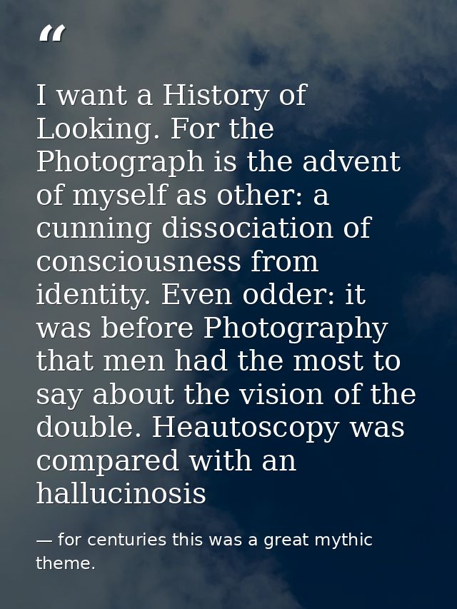 I want a History of Looking. For the Photograph is the advent of myself as other: a cunning dissociation of consciousnes — for centuries this was a great mythic theme.