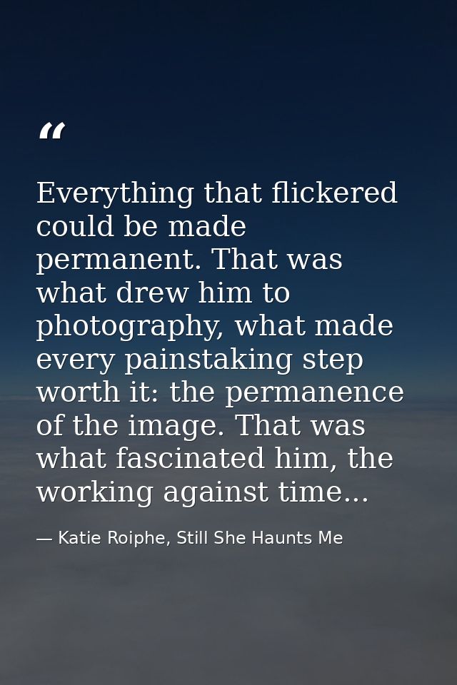 Everything that flickered could be made permanent. That was what drew him to photography, what made every painstaking st — Katie Roiphe, Still She Haunts Me