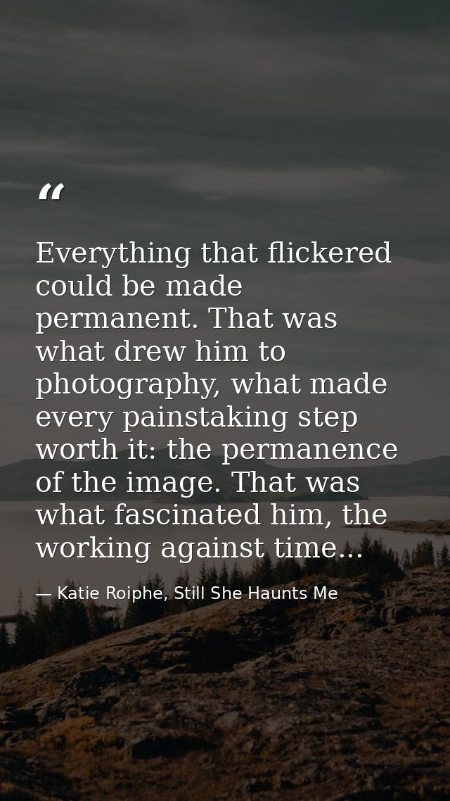 Everything that flickered could be made permanent. That was what drew him to photography, what made every painstaking st — Katie Roiphe, Still She Haunts Me