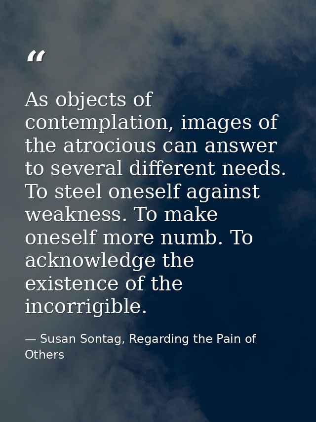 As objects of contemplation, images of the atrocious can answer to several different needs. To steel oneself against wea — Susan Sontag, Regarding the Pain of Others