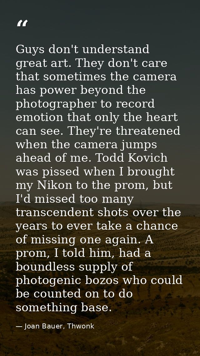 Guys don't understand great art. They don't care that sometimes the camera has power beyond the photographer to record e — Joan Bauer, Thwonk