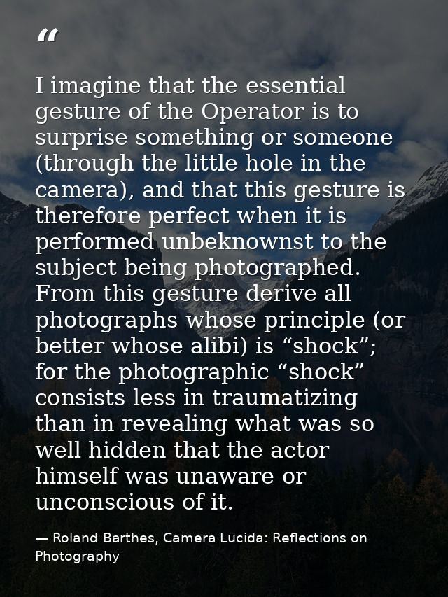 I imagine that the essential gesture of the Operator is to surprise something or someone (through the little hole in the — Roland Barthes, Camera Lucida: Reflections on Photography