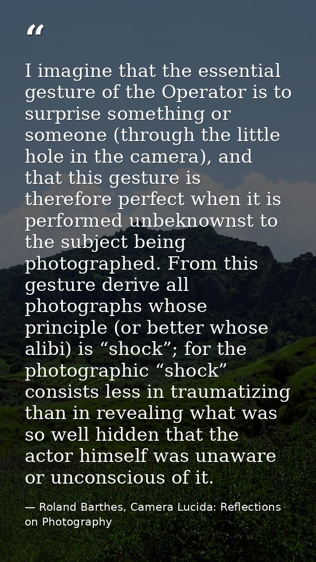 I imagine that the essential gesture of the Operator is to surprise something or someone (through the little hole in the — Roland Barthes, Camera Lucida: Reflections on Photography
