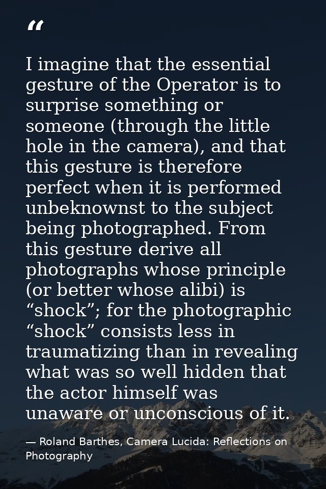 I imagine that the essential gesture of the Operator is to surprise something or someone (through the little hole in the — Roland Barthes, Camera Lucida: Reflections on Photography