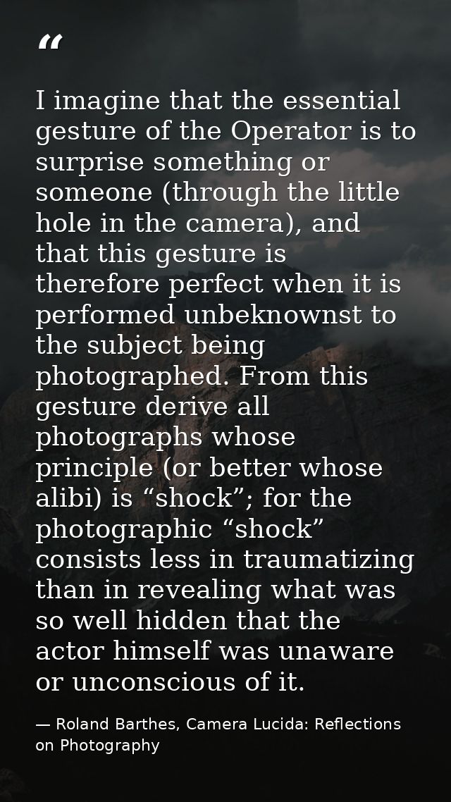 I imagine that the essential gesture of the Operator is to surprise something or someone (through the little hole in the — Roland Barthes, Camera Lucida: Reflections on Photography