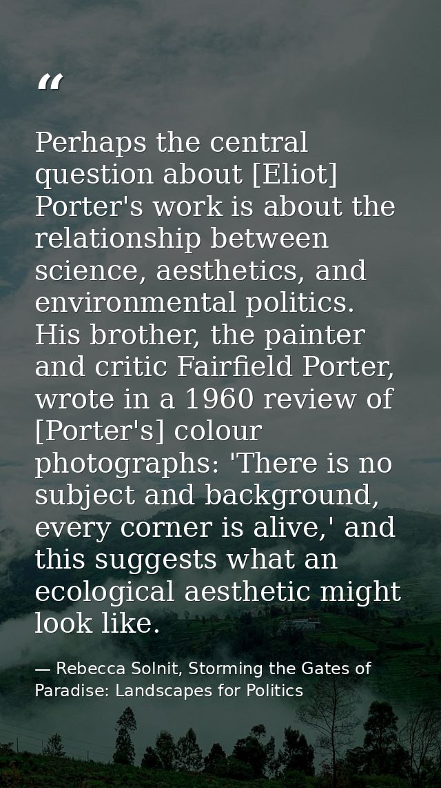 Perhaps the central question about [Eliot] Porter's work is about the relationship between science, aesthetics, and envi — Rebecca Solnit, Storming the Gates of Paradise: Landscapes for Politics