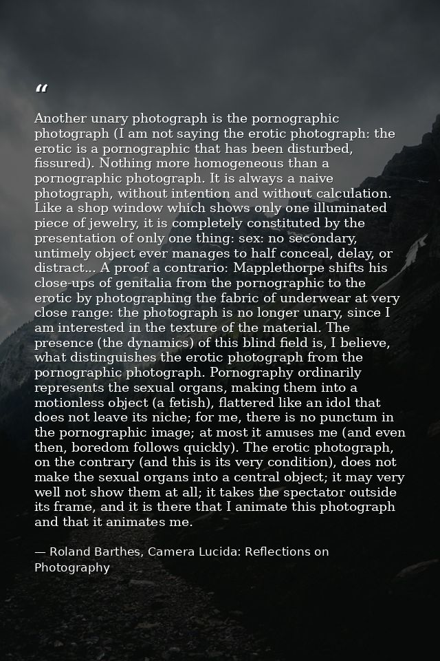 Another unary photograph is the pornographic photograph (I am not saying the erotic photograph: the erotic is a pornogra — Roland Barthes, Camera Lucida: Reflections on Photography