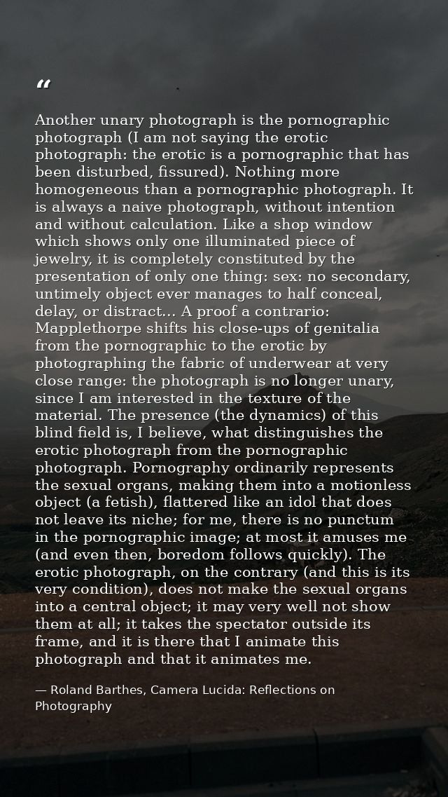 Another unary photograph is the pornographic photograph (I am not saying the erotic photograph: the erotic is a pornogra — Roland Barthes, Camera Lucida: Reflections on Photography