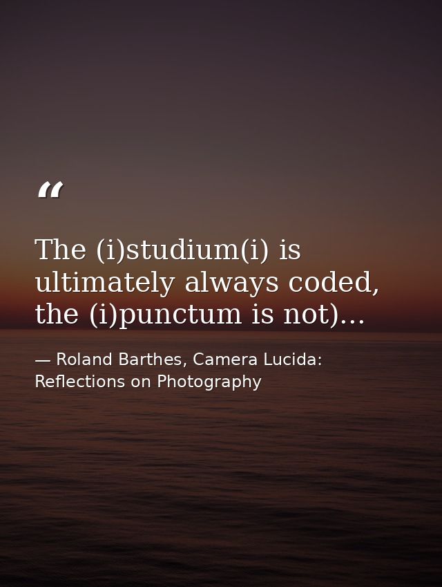 The (i)studium(i) is ultimately always coded, the (i)punctum is not)... — Roland Barthes, Camera Lucida: Reflections on Photography