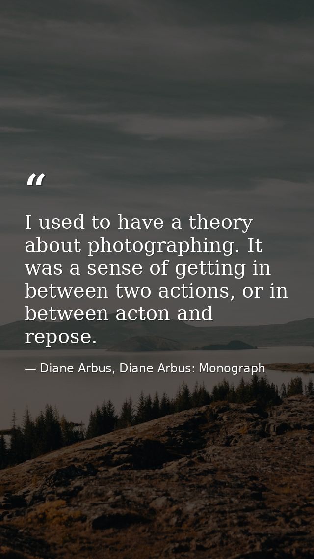 I used to have a theory about photographing. It was a sense of getting in between two actions, or in between acton and r — Diane Arbus, Diane Arbus: Monograph