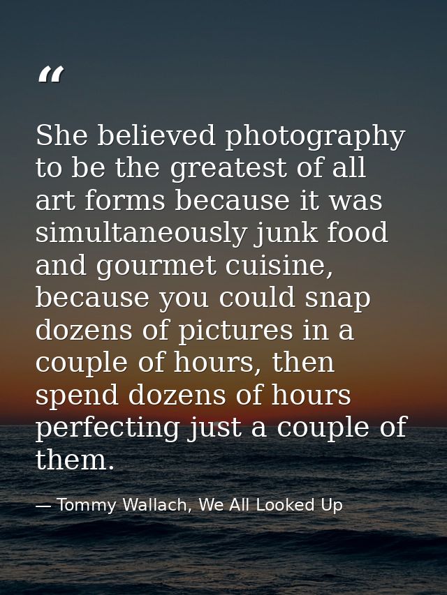 She believed photography to be the greatest of all art forms because it was simultaneously junk food and gourmet cuisine — Tommy Wallach, We All Looked Up