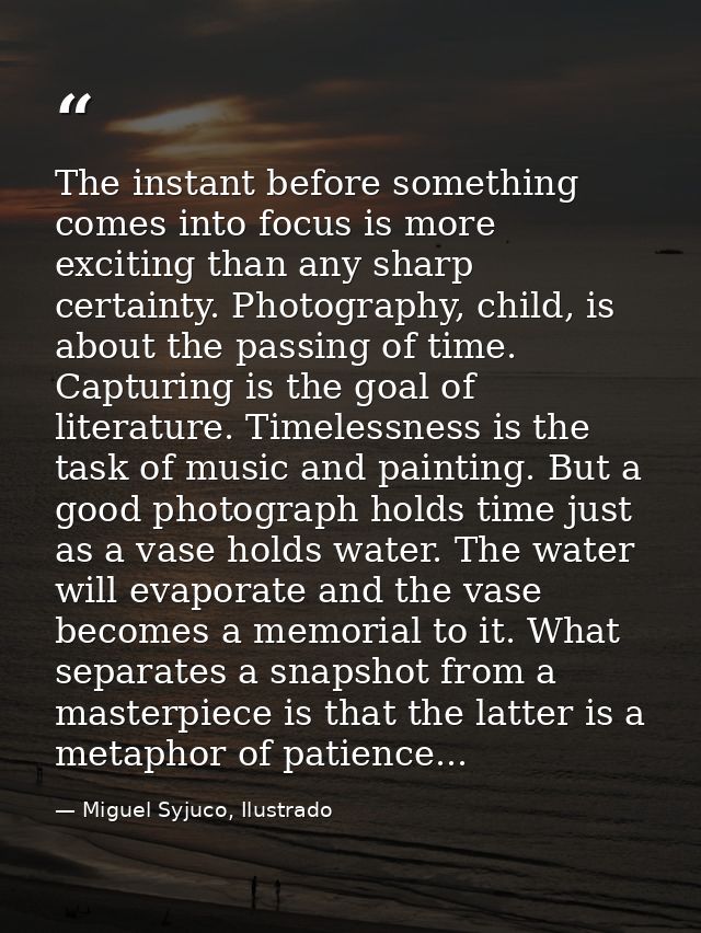 The instant before something comes into focus is more exciting than any sharp certainty. Photography, child, is about th — Miguel Syjuco, Ilustrado