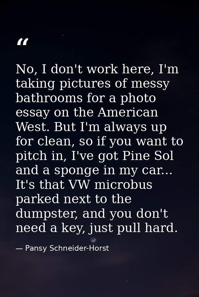 No, I don't work here, I'm taking pictures of messy bathrooms for a photo essay on the American West. But I'm always up  — Pansy Schneider-Horst