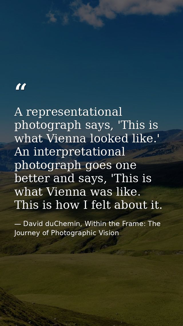 A representational photograph says, 'This is what Vienna looked like.' An interpretational photograph goes one better an — David duChemin, Within the Frame: The Journey of Photographic Vision