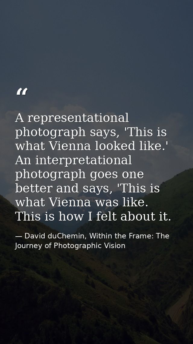 A representational photograph says, 'This is what Vienna looked like.' An interpretational photograph goes one better an — David duChemin, Within the Frame: The Journey of Photographic Vision