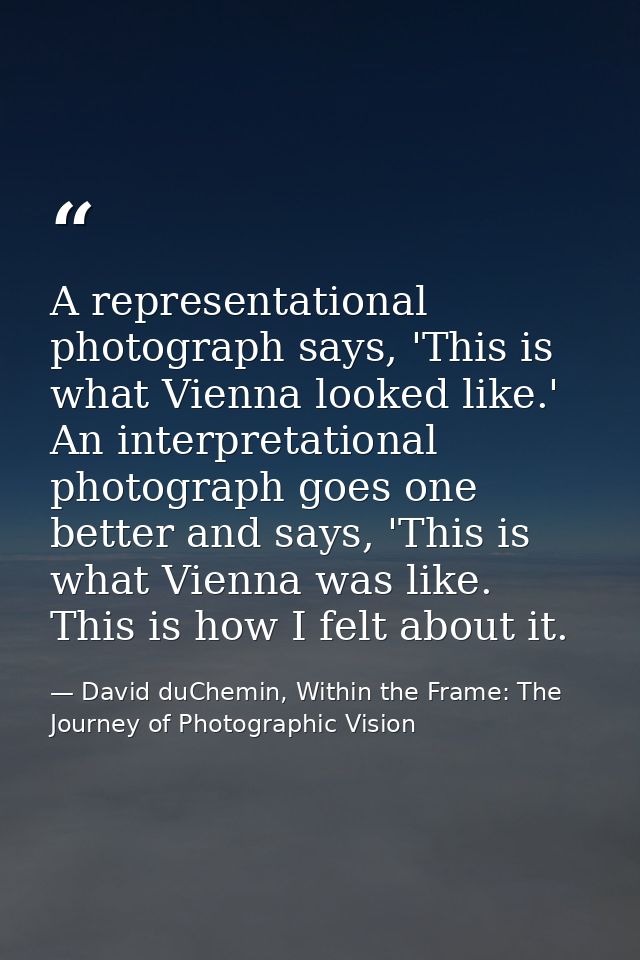 A representational photograph says, 'This is what Vienna looked like.' An interpretational photograph goes one better an — David duChemin, Within the Frame: The Journey of Photographic Vision