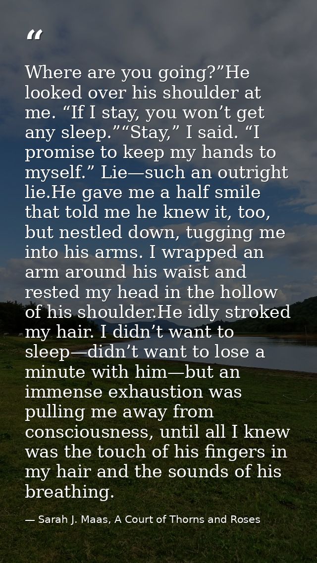 Where are you going?”He looked over his shoulder at me. “If I stay, you won’t get any sleep.”“Stay,” I said. “I promise  — Sarah J. Maas, A Court of Thorns and Roses