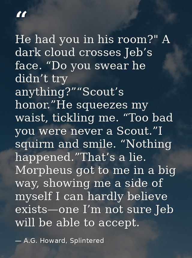 He had you in his room?" A dark cloud crosses Jeb’s face. “Do you swear he didn’t try anything?”“Scout’s honor.”He squee — A.G. Howard, Splintered
