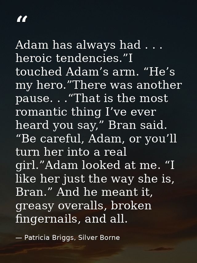Adam has always had . . . heroic tendencies.”I touched Adam’s arm. “He’s my hero.”There was another pause. . .“That is t — Patricia Briggs, Silver Borne