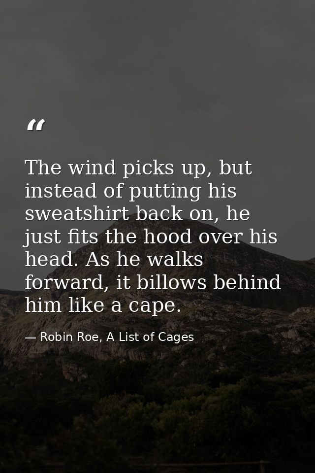 The wind picks up, but instead of putting his sweatshirt back on, he just fits the hood over his head. As he walks forwa — Robin Roe, A List of Cages