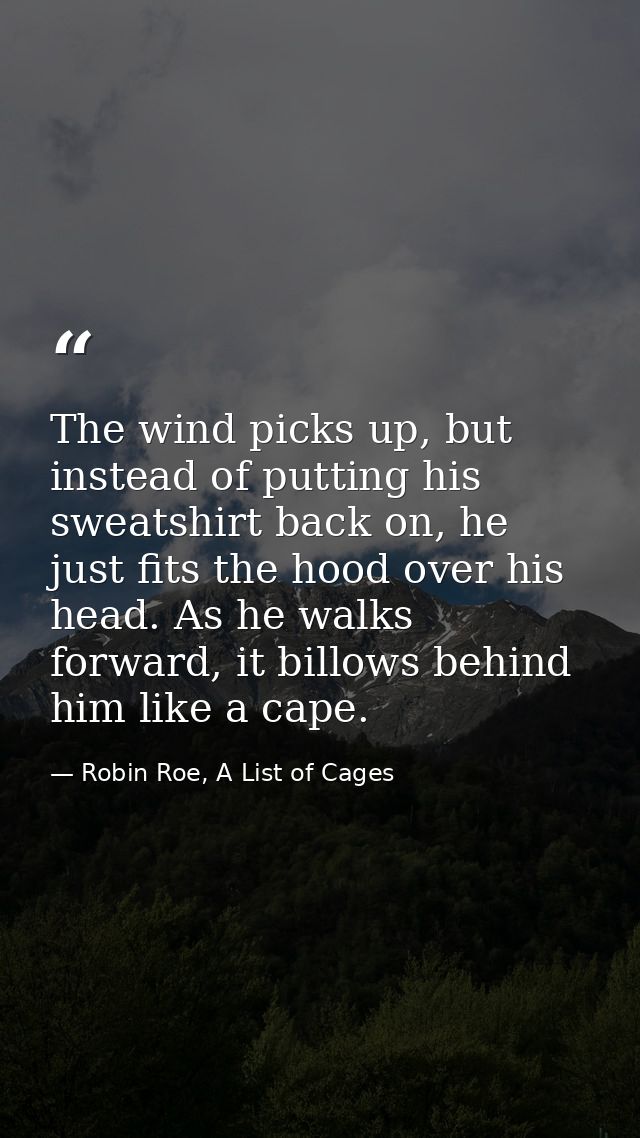 The wind picks up, but instead of putting his sweatshirt back on, he just fits the hood over his head. As he walks forwa — Robin Roe, A List of Cages