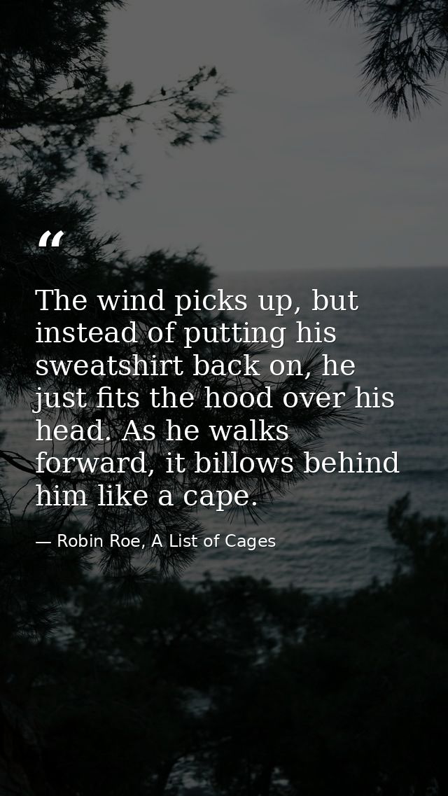 The wind picks up, but instead of putting his sweatshirt back on, he just fits the hood over his head. As he walks forwa — Robin Roe, A List of Cages