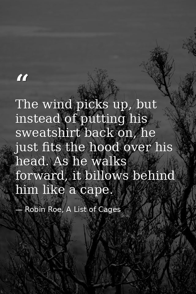 The wind picks up, but instead of putting his sweatshirt back on, he just fits the hood over his head. As he walks forwa — Robin Roe, A List of Cages