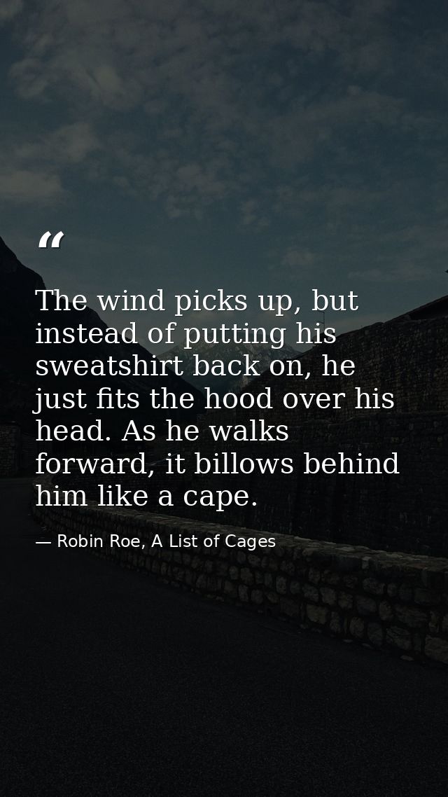 The wind picks up, but instead of putting his sweatshirt back on, he just fits the hood over his head. As he walks forwa — Robin Roe, A List of Cages