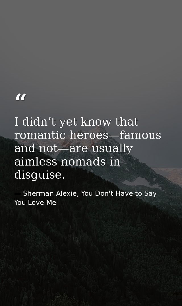 I didn’t yet know that romantic heroes—famous and not—are usually aimless nomads in disguise. — Sherman Alexie, You Don't Have to Say You Love Me