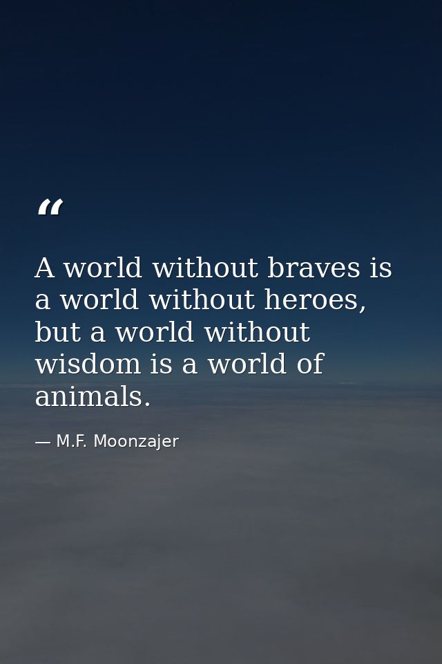 A world without braves is a world without heroes, but a world without wisdom is a world of animals. — M.F. Moonzajer