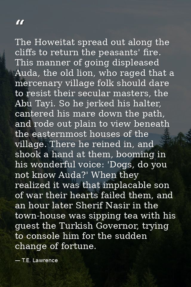 The Howeitat spread out along the cliffs to return the peasants' fire. This manner of going displeased Auda, the old lio — T.E. Lawrence