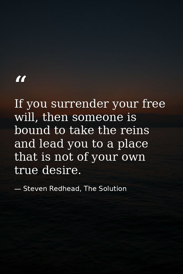 If you surrender your free will, then someone is bound to take the reins and lead you to a place that is not of your own — Steven Redhead, The Solution