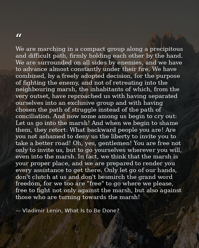 We are marching in a compact group along a precipitous and difficult path, firmly holding each other by the hand. We are — Vladimir Lenin, What Is to Be Done?