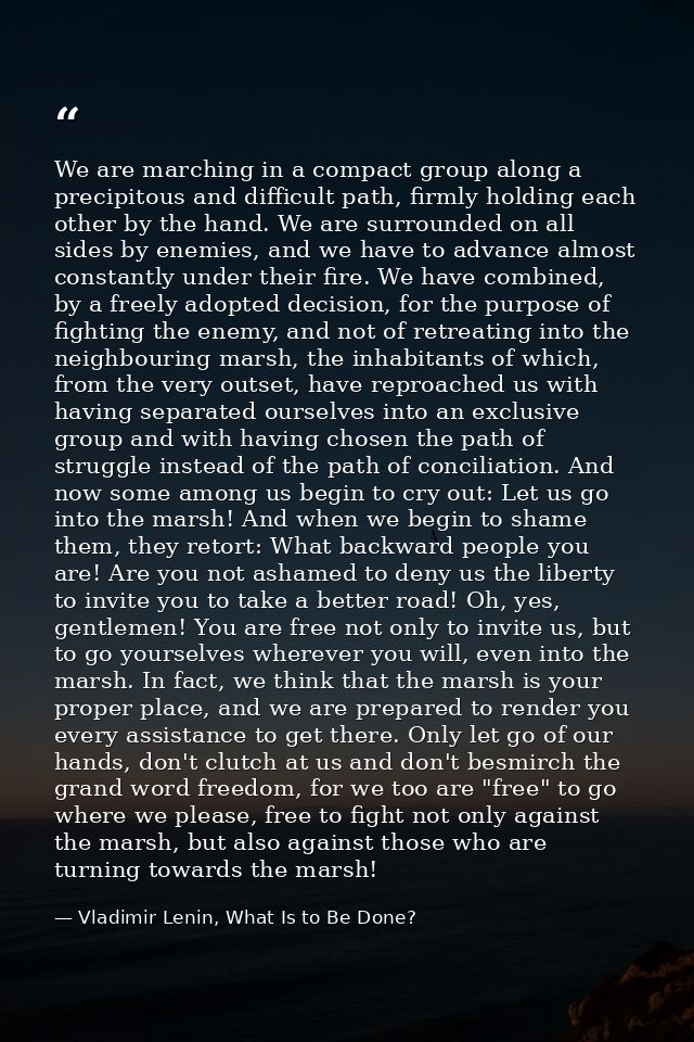 We are marching in a compact group along a precipitous and difficult path, firmly holding each other by the hand. We are — Vladimir Lenin, What Is to Be Done?