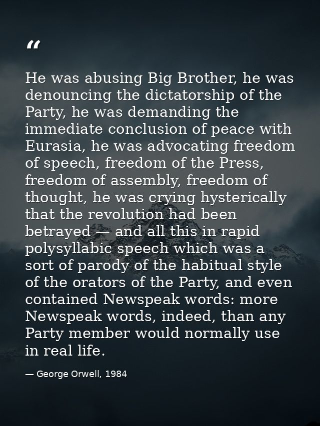 He was abusing Big Brother, he was denouncing the dictatorship of the Party, he was demanding the immediate conclusion o — George Orwell, 1984