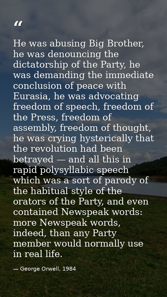 He was abusing Big Brother, he was denouncing the dictatorship of the Party, he was demanding the immediate conclusion o — George Orwell, 1984