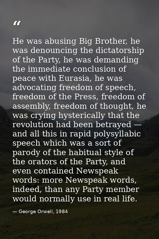 He was abusing Big Brother, he was denouncing the dictatorship of the Party, he was demanding the immediate conclusion o — George Orwell, 1984
