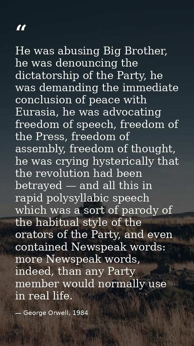 He was abusing Big Brother, he was denouncing the dictatorship of the Party, he was demanding the immediate conclusion o — George Orwell, 1984