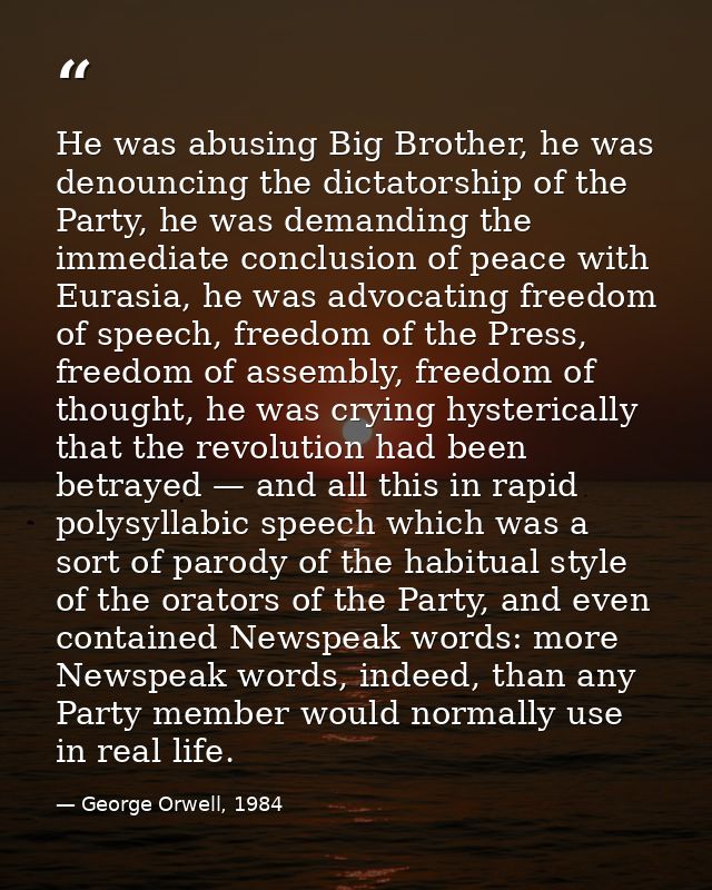 He was abusing Big Brother, he was denouncing the dictatorship of the Party, he was demanding the immediate conclusion o — George Orwell, 1984