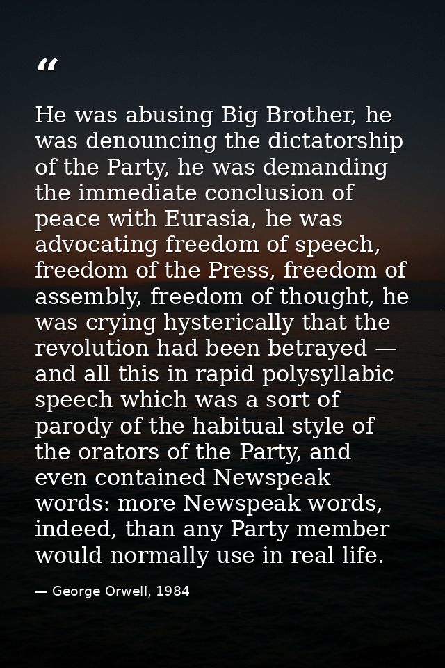 He was abusing Big Brother, he was denouncing the dictatorship of the Party, he was demanding the immediate conclusion o — George Orwell, 1984